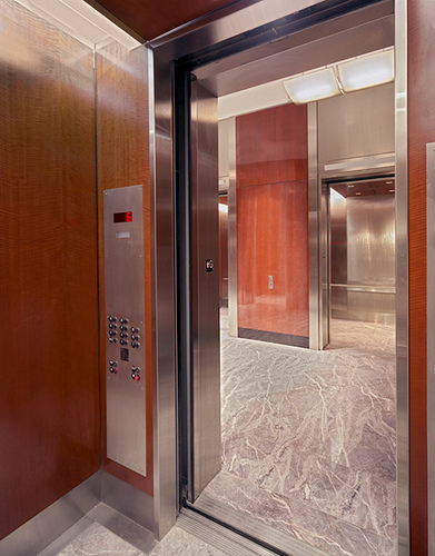 Looking out from inside the AOL elevator.