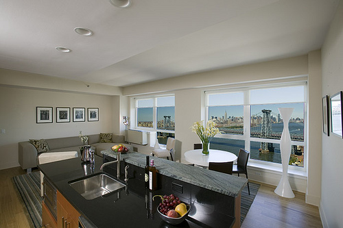 kitchen with view of Manhattan from Shaefer Landing in Williamsburg, NY.