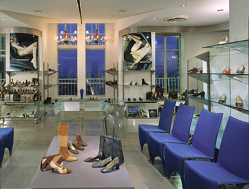 Crown Building Bruno Magli Showroom. I balanced the blue exterior window lighting with interior light <br />to accent the strong blue fabric color.