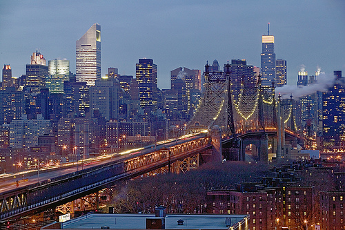 The New York 59th St. Bridge at dusk, from Long Island City.